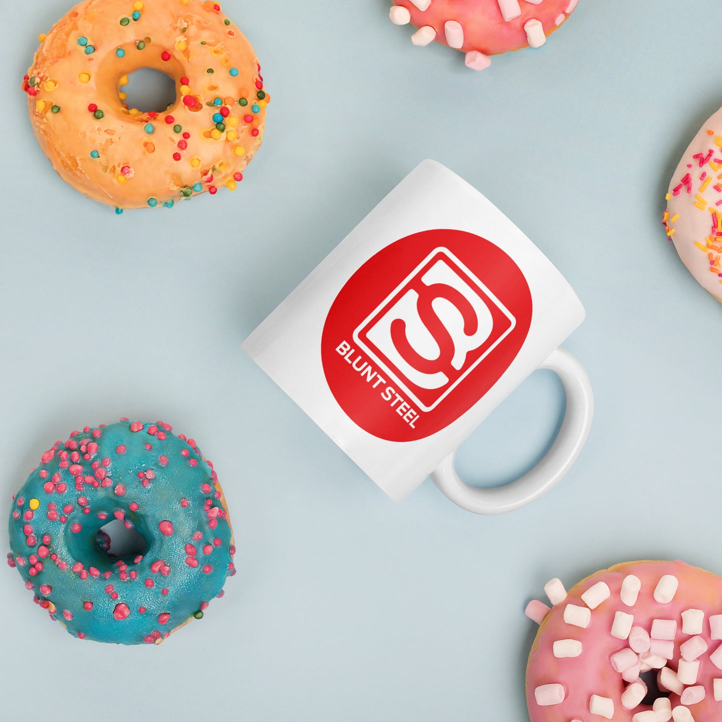 White Blunt Steel Logo In Red Circle glossy mug